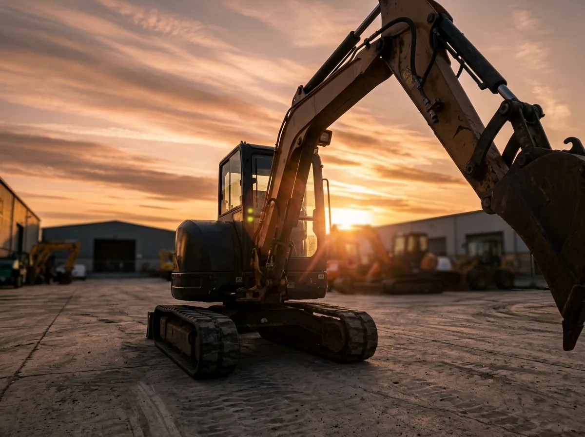 Máquinas de construcción en el patio de las instalaciones al atardecer